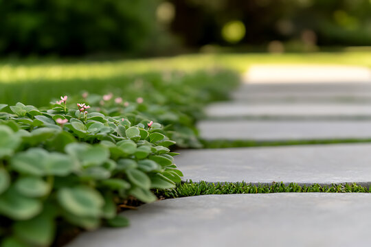 A serene garden path paved with smooth gray stones, bordered by lush green ground cover with tiny pink flowers, creating a peaceful and inviting outdoor space. The grass grows between the stones.