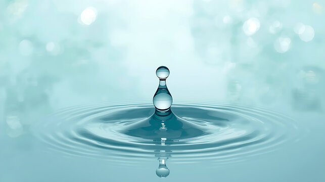 A realistic 3D rendering shows a water droplet shaped like Earth, falling into a calm blue surface and creating ripples, with a soft light turquoise background and bokeh effects.