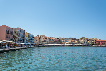 Colorful Waterfront Promenade of old Venetian Port, Chania Old Town, Crete, Greece