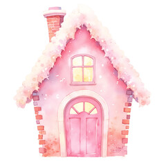 Cute Pink Gingerbread  Candy House, Watercolor Gingerbread House with Sweets and Christmas Decorations