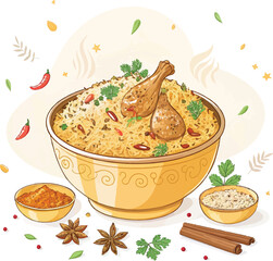 Chicken Biryani Illustration – Traditional Indian Spicy Rice Dish with Herbs and Aromatic Spices
