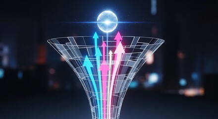 A funnel shaped wireframe with blue and pink arrows pointing upwards towards a glowing orb above it
