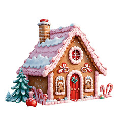 Cute Pink Gingerbread  Candy House, Watercolor Gingerbread House with Sweets and Christmas Decorations