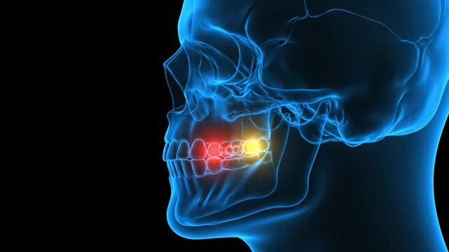 A 3D animation showing pain and inflammation in the TMJ (jaw joint)