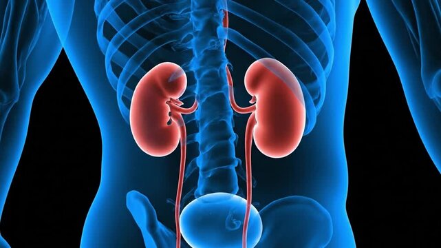 A 3D medical animation of the human kidneys and urinary system