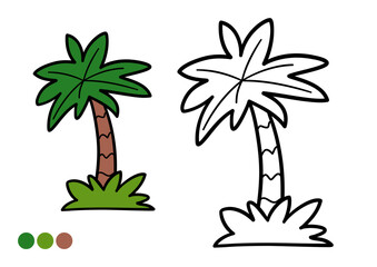 Cute cartoon palm tree childrens coloring book page. Simple prehistoric tree outline.