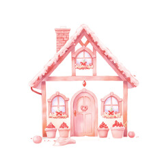 Cute Pink Gingerbread  Candy House, Watercolor Gingerbread House with Sweets and Christmas Decorations