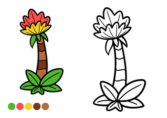 Cute cartoon prehistoric flower tree childrens coloring book page. Fun and simple plant outline drawing.