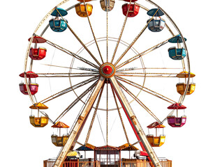 Classic Ferris Wheel with Colorful Cabins, Side View, Isolated on Transparent Backgro