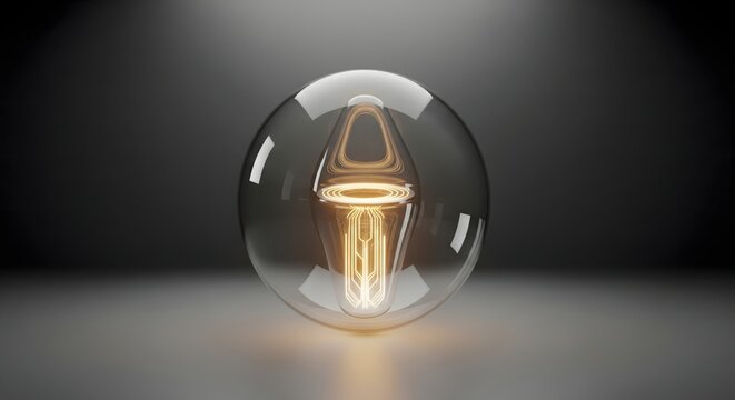 Conceptual glowing LED filament light bulb enclosed in a clear glass sphere, symbolizing innovation, electricity, and bright ideas.