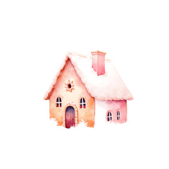 Cute Pink Gingerbread  Candy House, Watercolor Gingerbread House with Sweets and Christmas Decorations