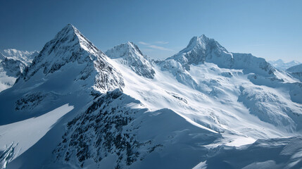 Majestic snow-covered mountains under a clear blue sky