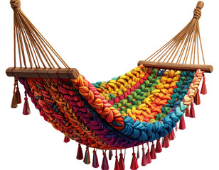 Colorful Woven Hammock with Wooden Spreaders, Front View, Realistic Texture, Isolated