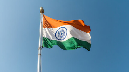 The image captures a vibrant national flag waving proudly against a clear blue sky. The flag's colors are vivid. The pole adds to the scene's symbolism and patriotism.