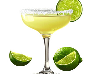 Classic Margarita Cocktail in Salt-Rimmed Glass, Front View, Realistic Lime Garnish,
