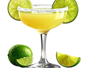 Classic Margarita Cocktail in Salt-Rimmed Glass, Front View, Realistic Lime Garnish,