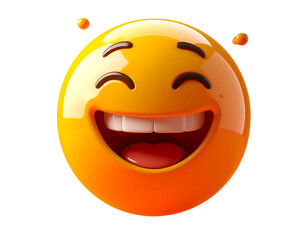 Glossy 3D Laughing Emoji Icon, Front View, Floating on Orange Gradient, Isolated on T