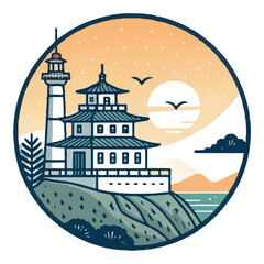 Scenic Lighthouse and Pagoda on Coastal Cliff – Sunset Landscape Illustration