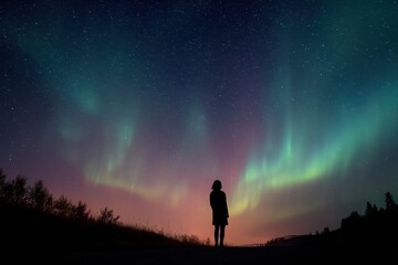 Fototapeta premium Silhouette gazes upon the swirling aurora borealis, a stunning display of nature's artistry under the vast, starlit expanse of the night sky.