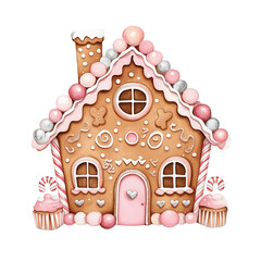 Cute Pink Gingerbread  Candy House, Watercolor Gingerbread House with Sweets and Christmas Decorations