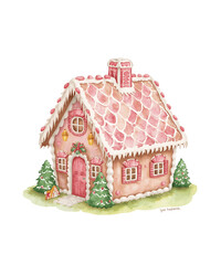 Cute Pink Gingerbread  Candy House, Watercolor Gingerbread House with Sweets and Christmas Decorations