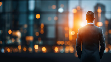 Faceless businessman in financial district with defocused urban cityscape background, corporate professional environment, city business district, metropolitan commerce center, urba