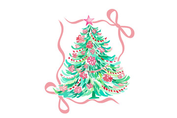 Whimsical Pastel Pink Christmas Tree Illustration for holiday season Sublimation design