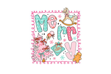 Merry Christmas composition with Christmas tree, rocking horse, gingerbread man Vintage Pastel Christmas Elements and Icons Set Sublimation design