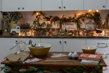 Christmas Decor set up in kitchen and living room,