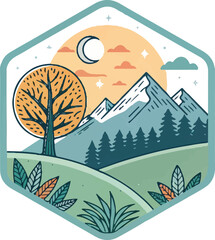 Mountain Landscape with Moon and Tree – Scenic Nature Illustration