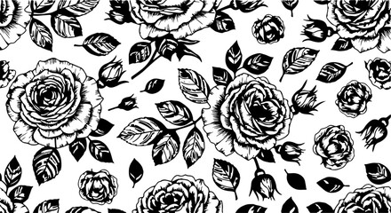 Naklejka premium Seamless Hand-Drawn Rose Pattern in Vintage Botanical StyleBlack and White Rose Flower Illustration Seamless BackgroundFloral Line Art Pattern with Roses and Leaves