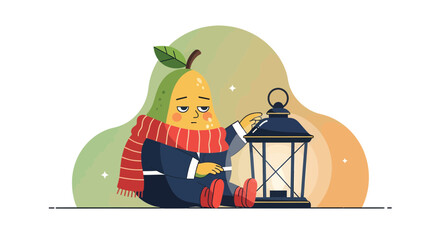 A Weary Pear Person Leans on a Lantern in a Whimsical Illustration