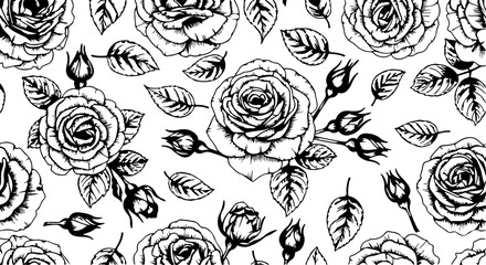Seamless Hand-Drawn Rose Pattern in Vintage Botanical Style

Black and White Rose Flower Illustration Seamless Background

Floral Line Art Pattern with Roses and Leaves