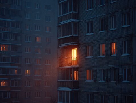 Evening cityscape showing illuminated windows in a dense apartment complex. A sense of warmth and contrast in the urban night scene