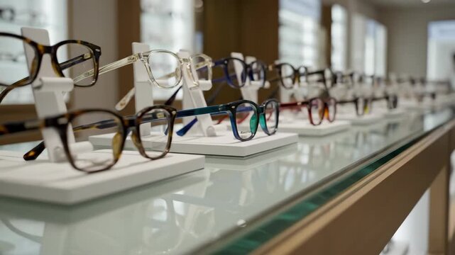 Row of eyeglasses on display stand in optics shop. Assortment of vision correction glasses on shelf. Eyewear for sale at an optician store.