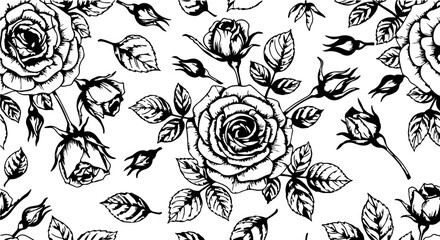 Seamless Hand-Drawn Rose Pattern in Vintage Botanical Style

Black and White Rose Flower Illustration Seamless Background

Floral Line Art Pattern with Roses and Leaves