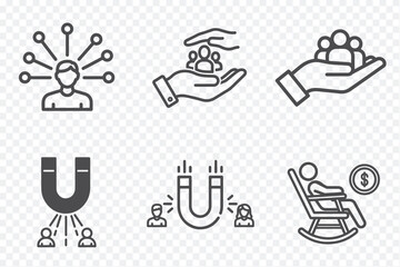 Fototapeta premium Six minimalist icons in black and white: network, support, teamwork, magnetism, science, and retirement concepts.