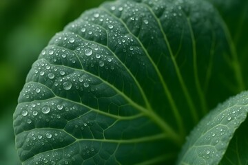 The freshness of the morning captured. Water droplets pearl like diamonds on the structured and hydrophobic surface of the cabbage leaf.