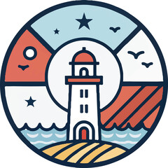 Minimal Lighthouse Illustration with Ocean Waves and Sunset