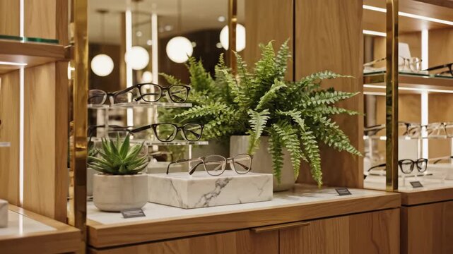 Stylish eyeglasses display for vision correction. Eyewear store with different frame on shelf for eye health. Vision care concept.