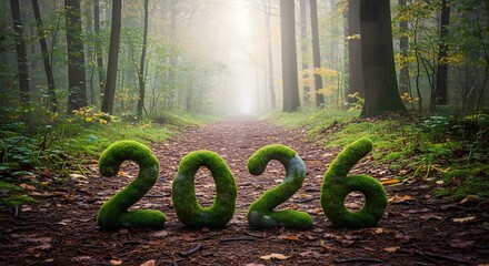 Moss covered numbers 2026 on forest path illuminated by sunlight