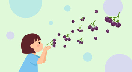 Fototapeta premium Child Blowing Berries: A Playful Illustration of Nature's Whimsical Delights