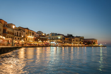 Twilight Waterfront Scene of Old Venetian Port in Chania Old Town, Crete, Greece