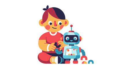 Fototapeta premium Child Interacting With Robot Toy, Exploring Tech, And Future Innovations