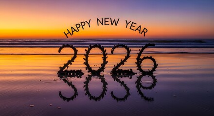 Happy new year 2026 written in sand at sunset on the beach