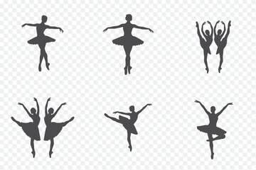 Six black silhouettes of ballet dancers in diverse poses, including lifts and solo stances, set against a white backdrop.