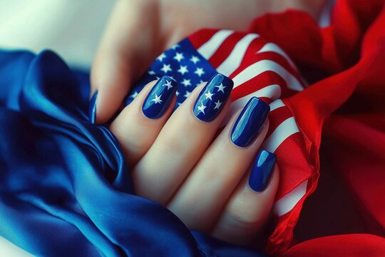 Female hand with manicure in USA flag colors holding American flag fabric, patriotic nail art close-up.