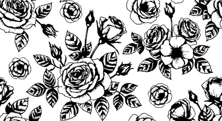 Seamless Hand-Drawn Rose Pattern in Vintage Botanical Style

Black and White Rose Flower Illustration Seamless Background

Floral Line Art Pattern with Roses and Leaves