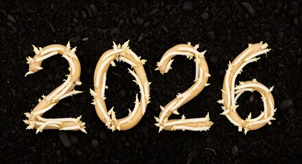 Golden 2026 numbers formed from twigs on dark background