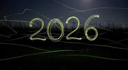 Glowing 2026 numbers illuminated against a dark night sky background